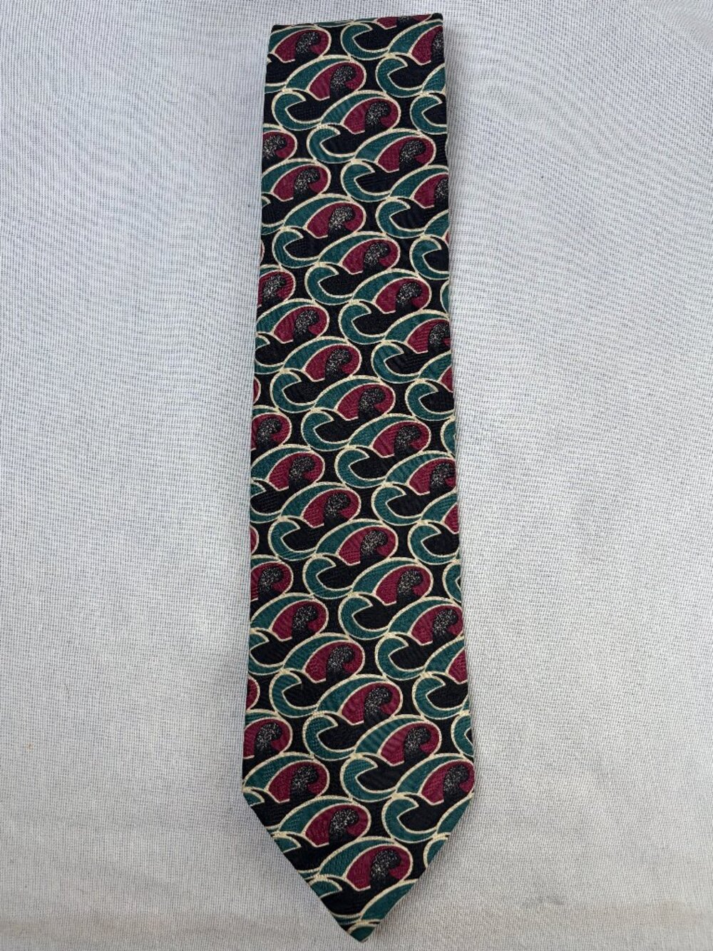 Valentino Silk Tie Black Teal Maroon Swirl Deco